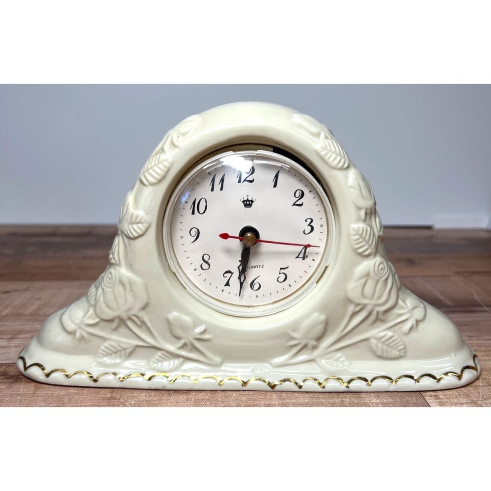 Vintage Ceramic Mantel Clock With Rose Embossed Design & Gold Trim